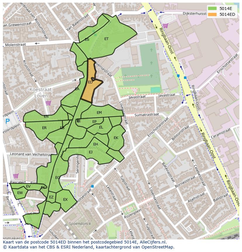 Afbeelding van het postcodegebied 5014 ED op de kaart.