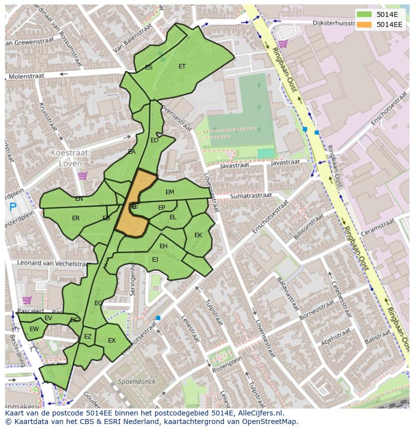 Afbeelding van het postcodegebied 5014 EE op de kaart.