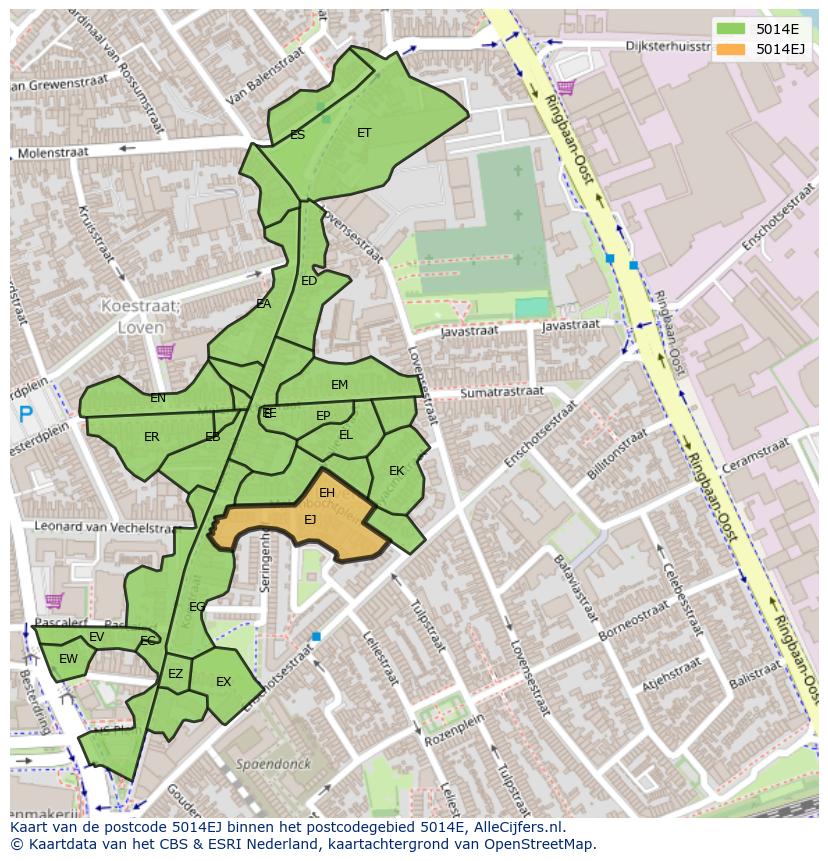 Afbeelding van het postcodegebied 5014 EJ op de kaart.