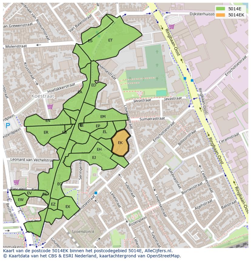 Afbeelding van het postcodegebied 5014 EK op de kaart.