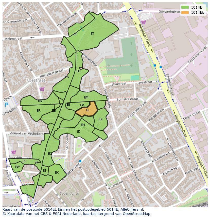 Afbeelding van het postcodegebied 5014 EL op de kaart.