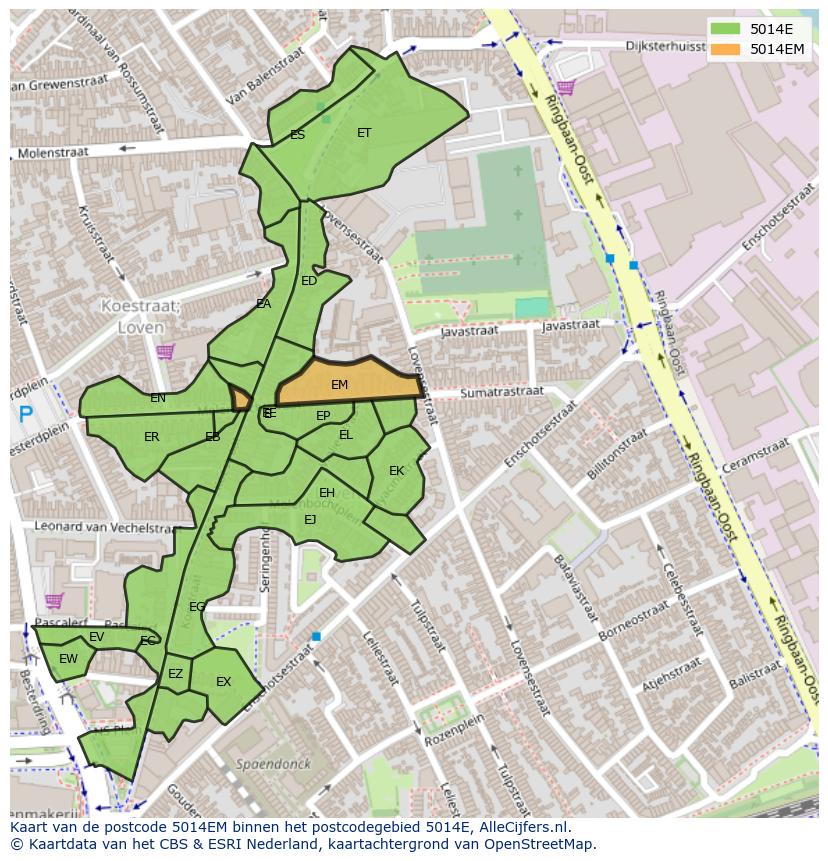 Afbeelding van het postcodegebied 5014 EM op de kaart.