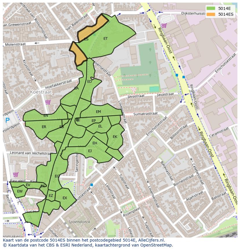 Afbeelding van het postcodegebied 5014 ES op de kaart.