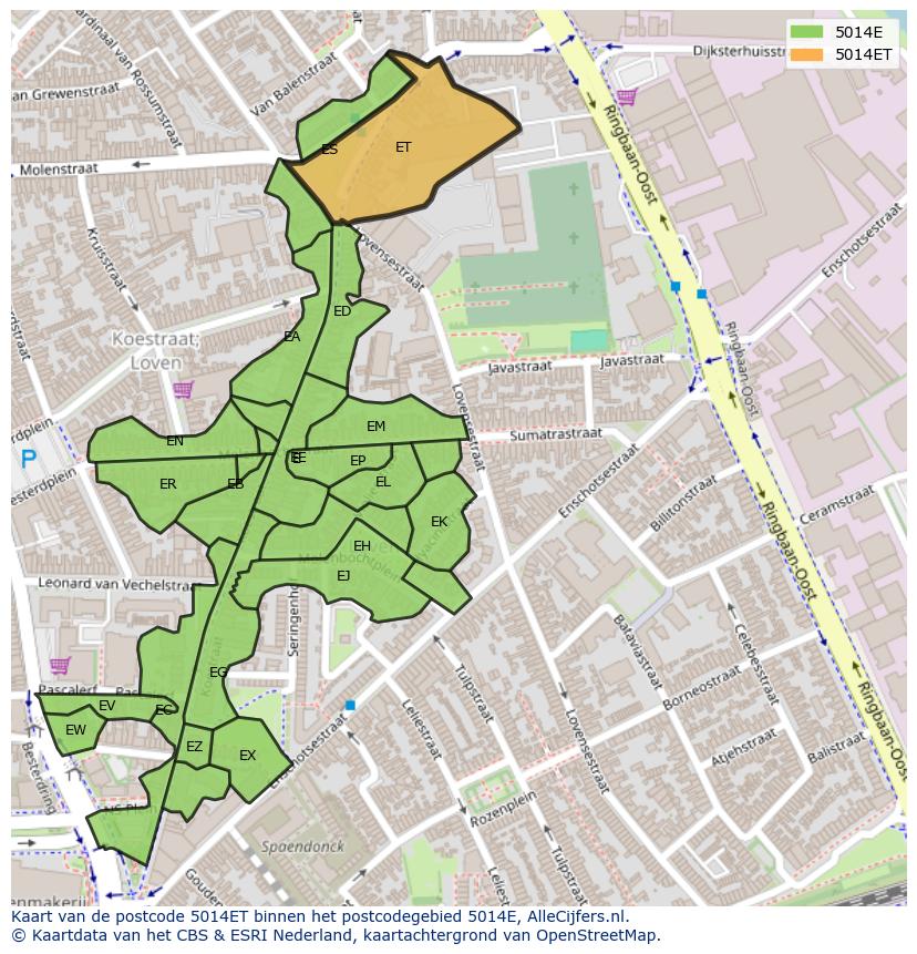 Afbeelding van het postcodegebied 5014 ET op de kaart.