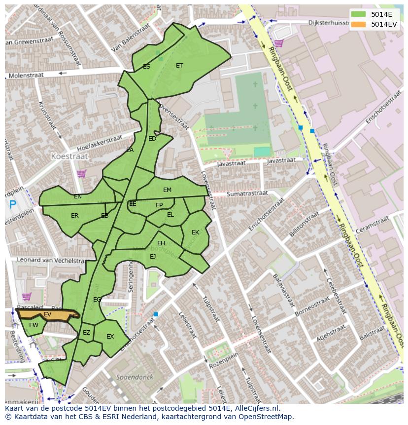 Afbeelding van het postcodegebied 5014 EV op de kaart.