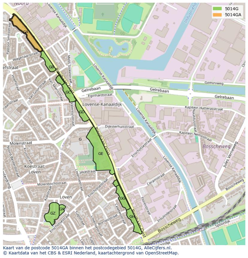 Afbeelding van het postcodegebied 5014 GA op de kaart.