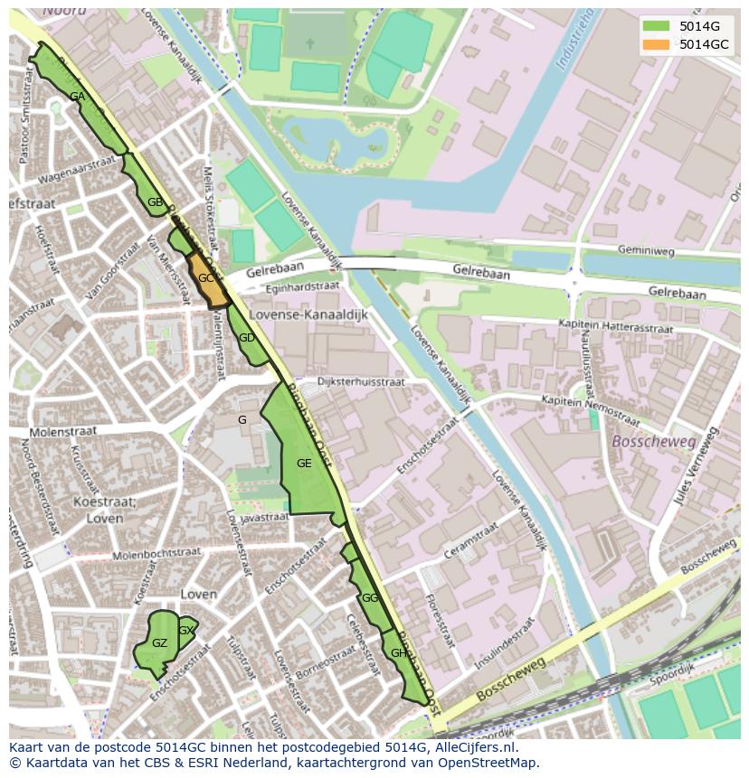 Afbeelding van het postcodegebied 5014 GC op de kaart.