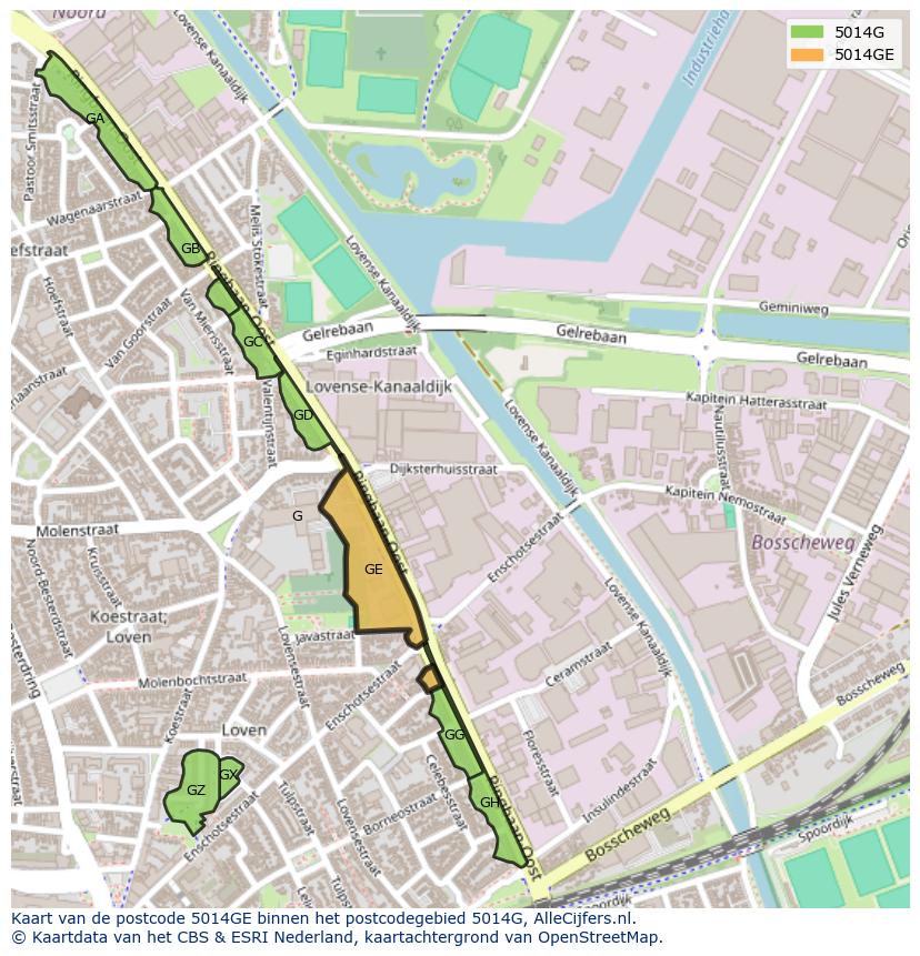 Afbeelding van het postcodegebied 5014 GE op de kaart.