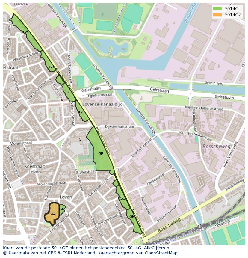 Afbeelding van het postcodegebied 5014 GZ op de kaart.