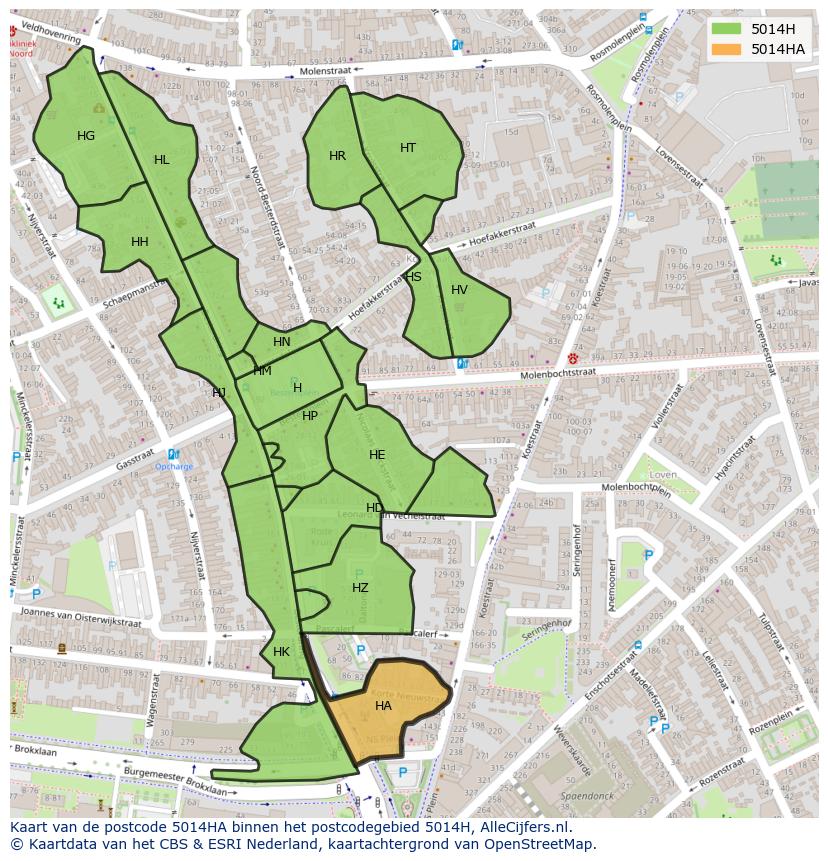 Afbeelding van het postcodegebied 5014 HA op de kaart.