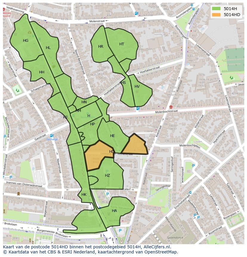 Afbeelding van het postcodegebied 5014 HD op de kaart.