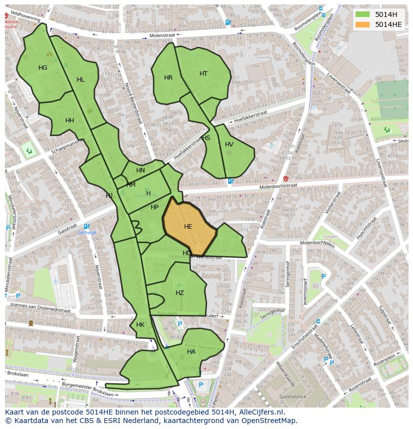 Afbeelding van het postcodegebied 5014 HE op de kaart.