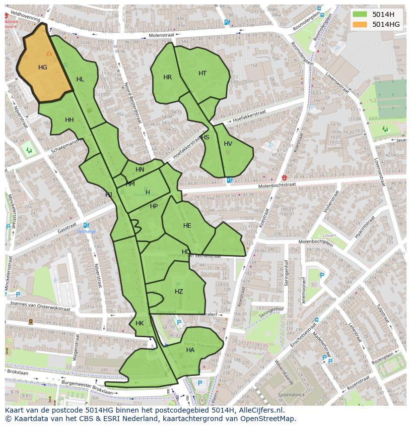Afbeelding van het postcodegebied 5014 HG op de kaart.
