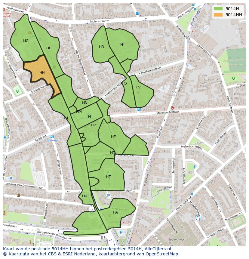 Afbeelding van het postcodegebied 5014 HH op de kaart.
