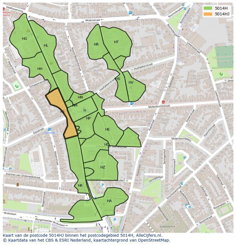 Afbeelding van het postcodegebied 5014 HJ op de kaart.