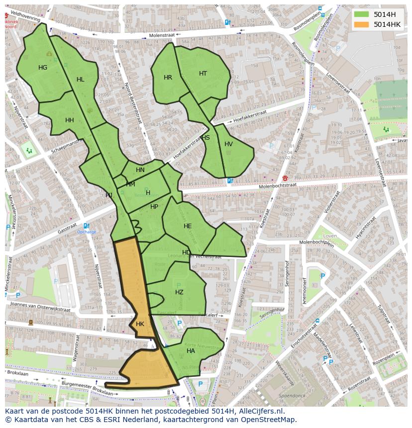 Afbeelding van het postcodegebied 5014 HK op de kaart.