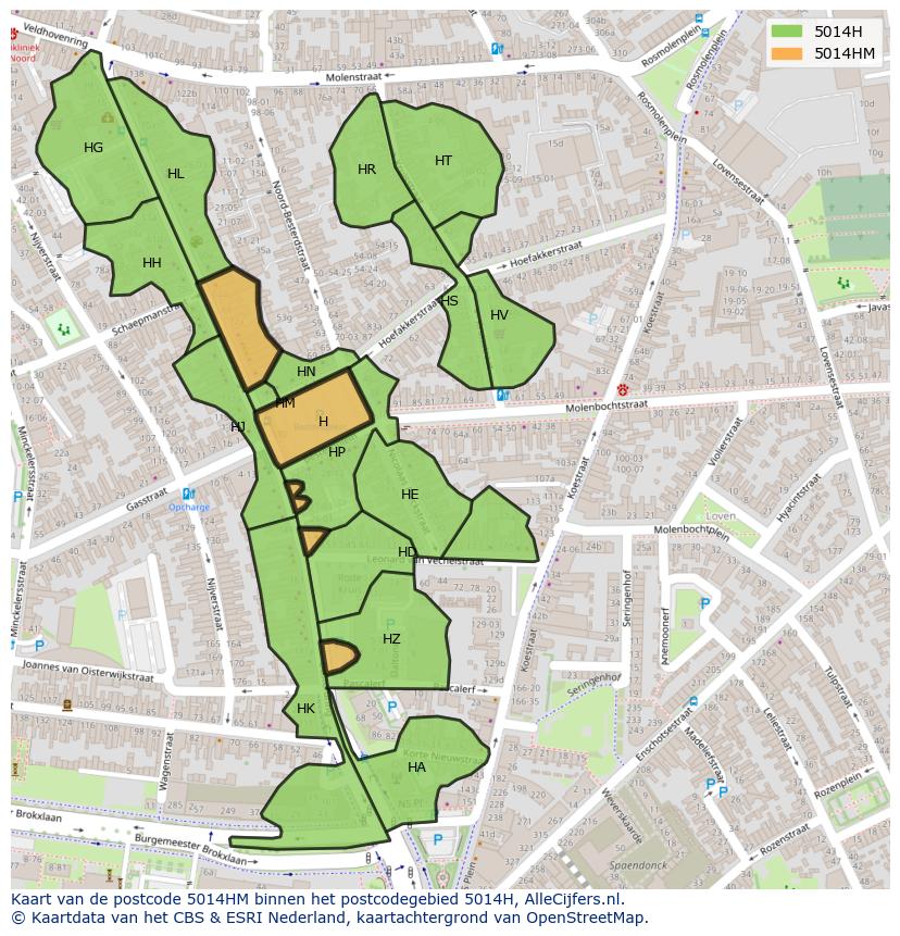 Afbeelding van het postcodegebied 5014 HM op de kaart.