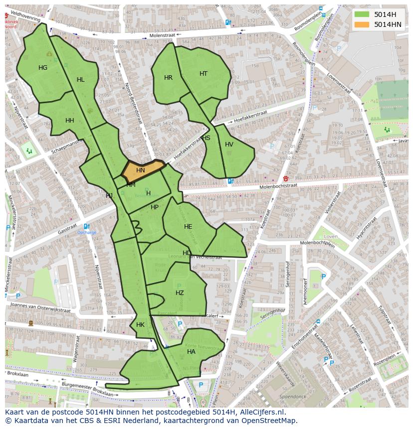 Afbeelding van het postcodegebied 5014 HN op de kaart.