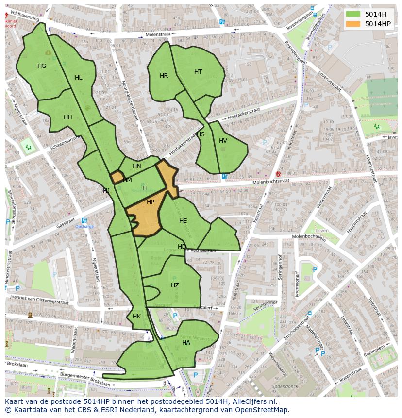 Afbeelding van het postcodegebied 5014 HP op de kaart.