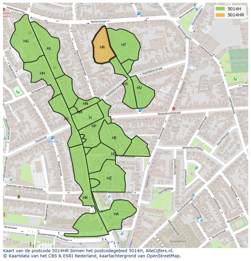Afbeelding van het postcodegebied 5014 HR op de kaart.