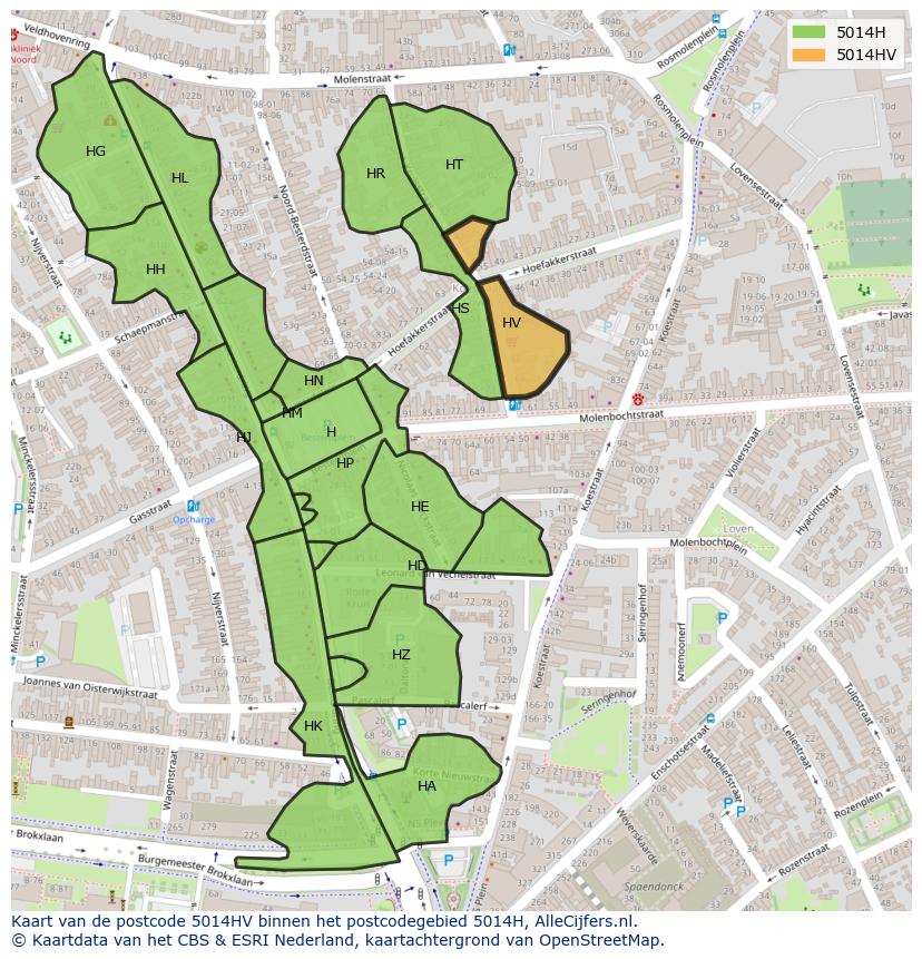Afbeelding van het postcodegebied 5014 HV op de kaart.