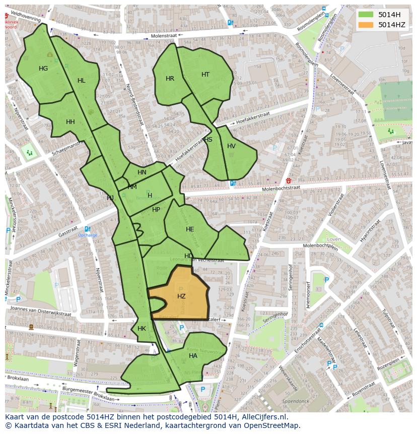 Afbeelding van het postcodegebied 5014 HZ op de kaart.