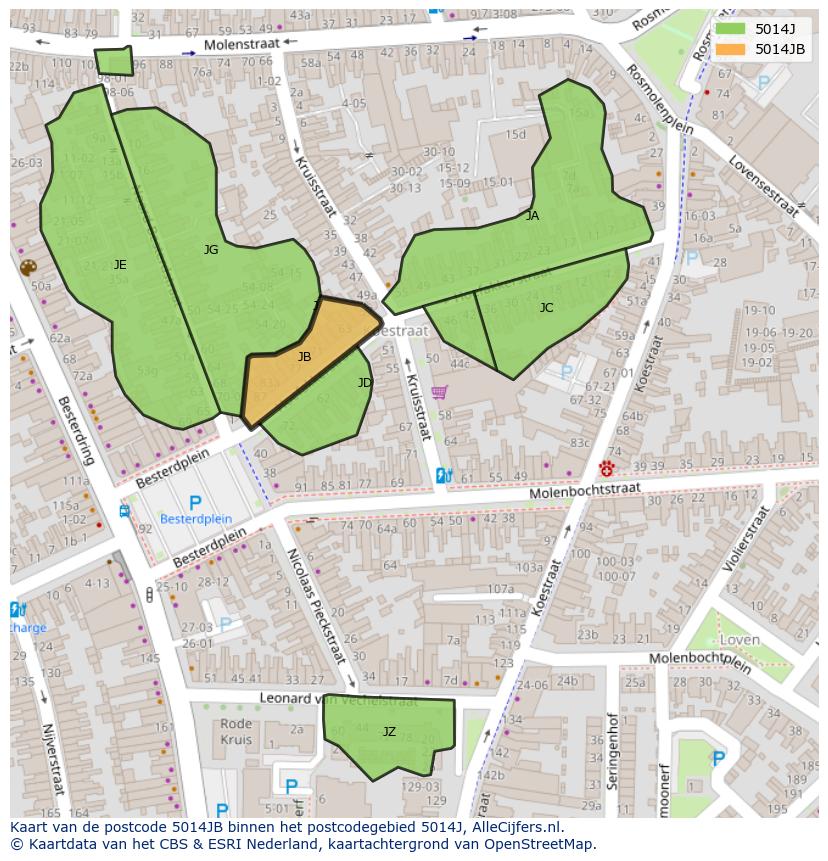 Afbeelding van het postcodegebied 5014 JB op de kaart.