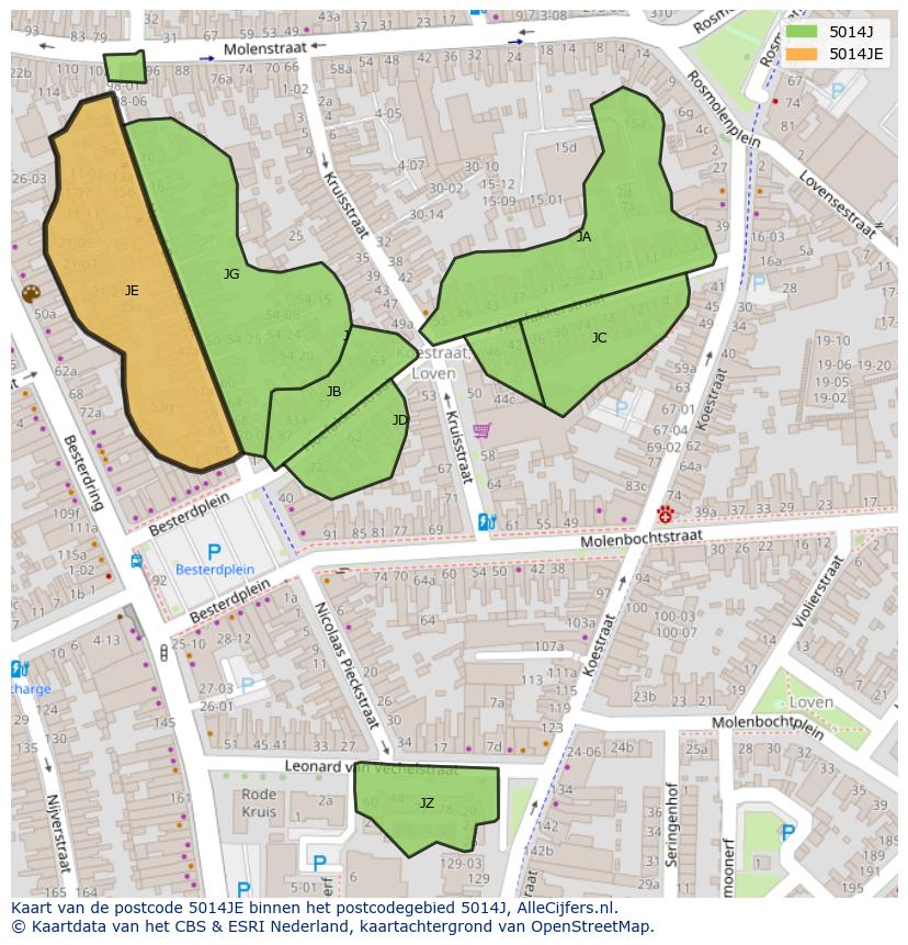 Afbeelding van het postcodegebied 5014 JE op de kaart.