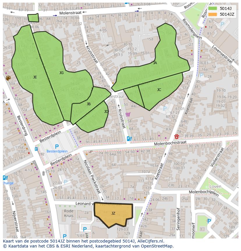 Afbeelding van het postcodegebied 5014 JZ op de kaart.