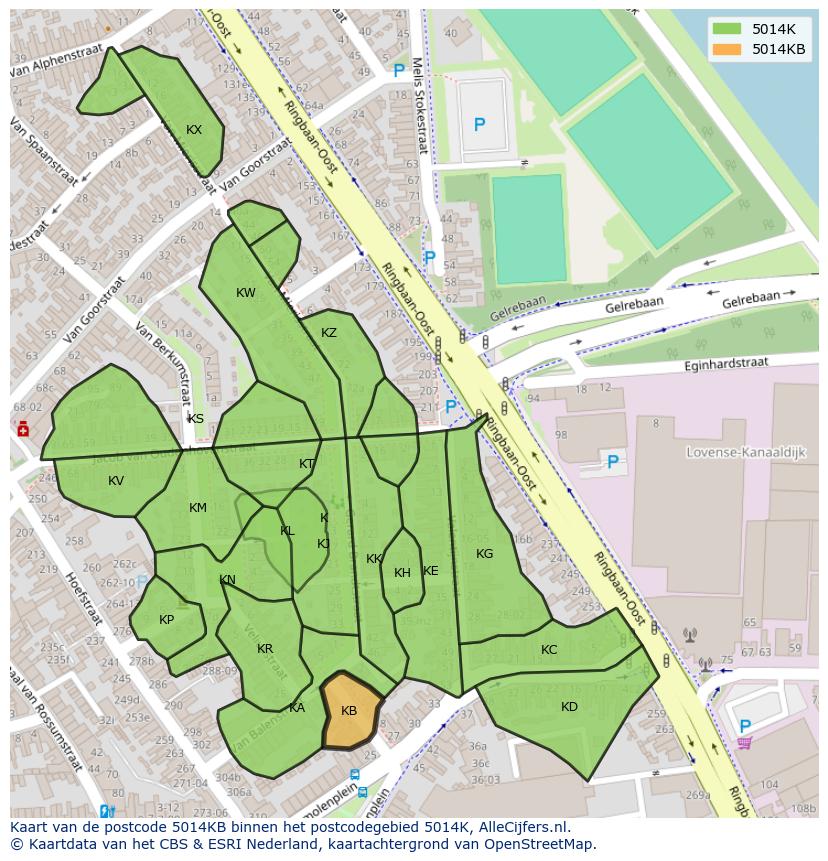 Afbeelding van het postcodegebied 5014 KB op de kaart.