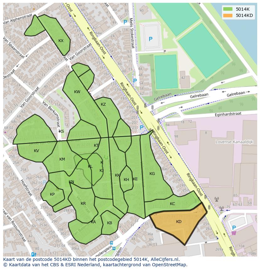 Afbeelding van het postcodegebied 5014 KD op de kaart.