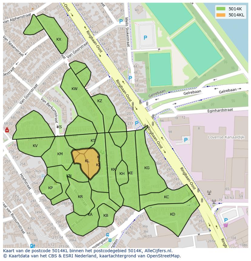 Afbeelding van het postcodegebied 5014 KL op de kaart.
