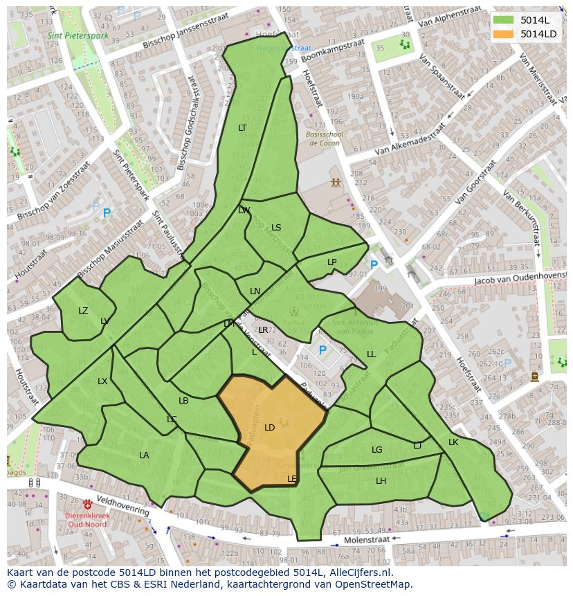 Afbeelding van het postcodegebied 5014 LD op de kaart.
