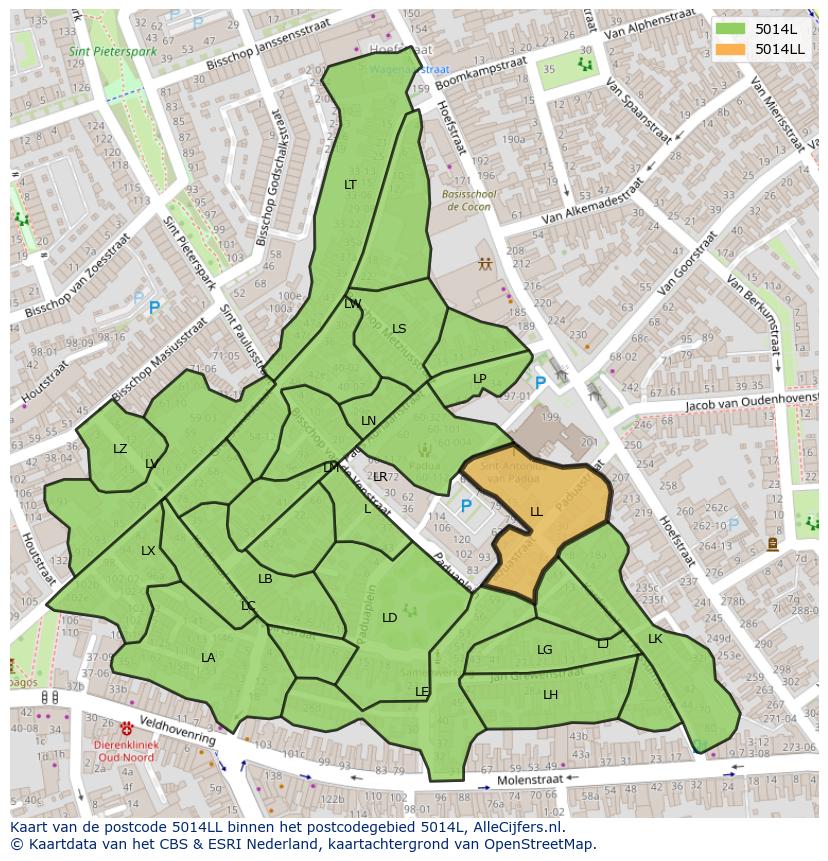 Afbeelding van het postcodegebied 5014 LL op de kaart.