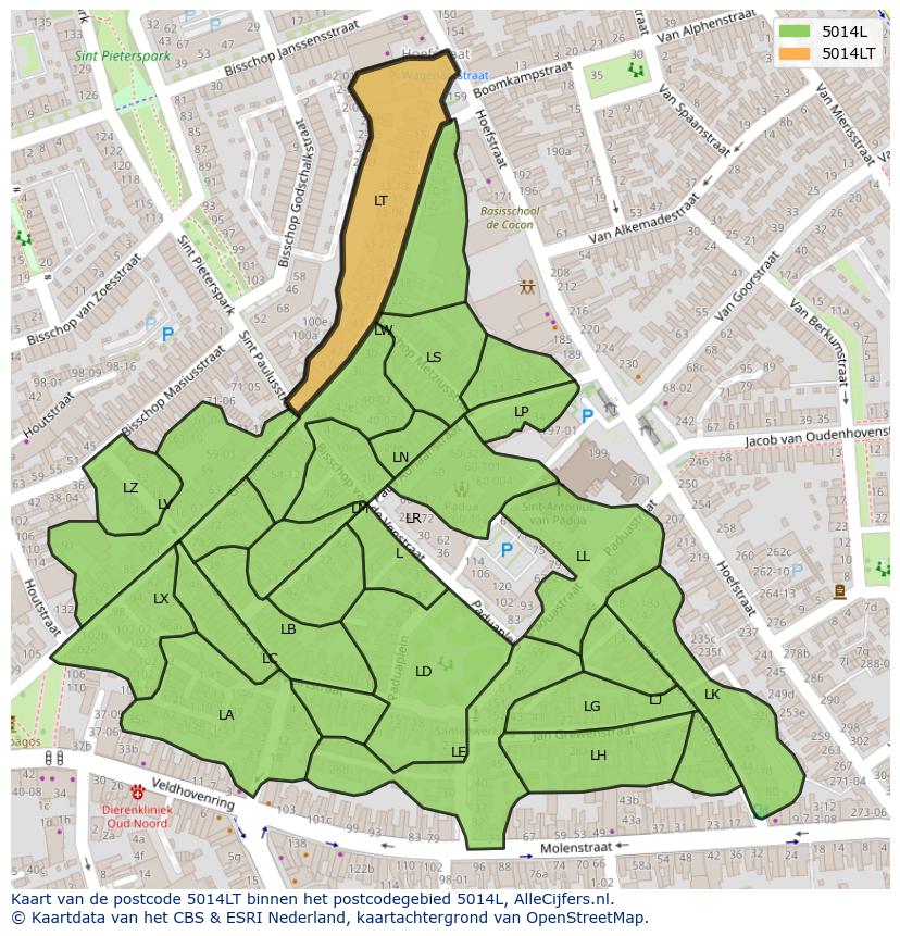 Afbeelding van het postcodegebied 5014 LT op de kaart.