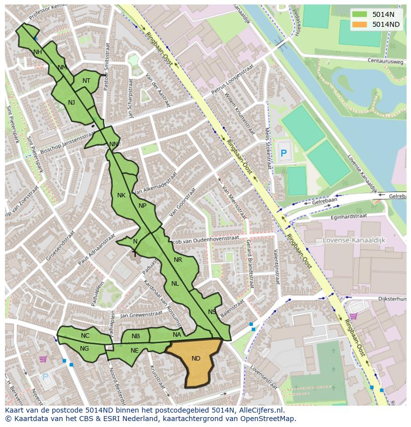 Afbeelding van het postcodegebied 5014 ND op de kaart.