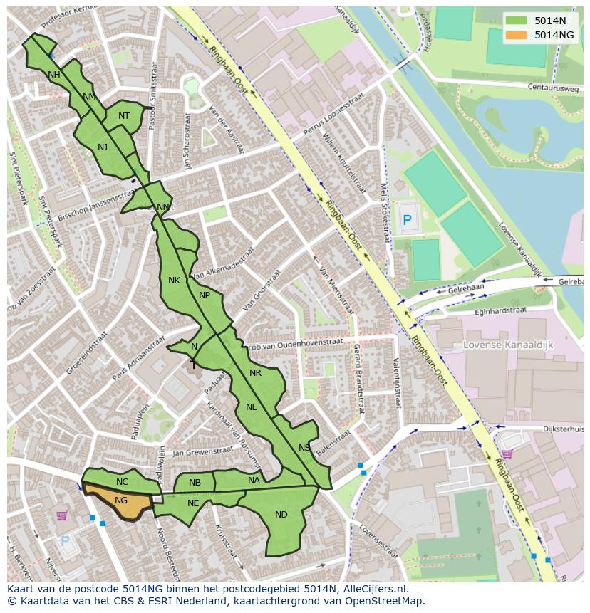Afbeelding van het postcodegebied 5014 NG op de kaart.