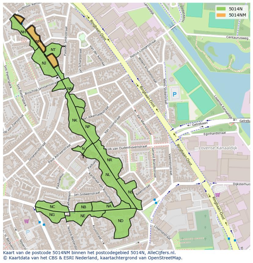 Afbeelding van het postcodegebied 5014 NM op de kaart.