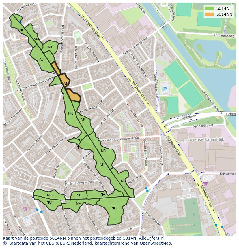 Afbeelding van het postcodegebied 5014 NN op de kaart.