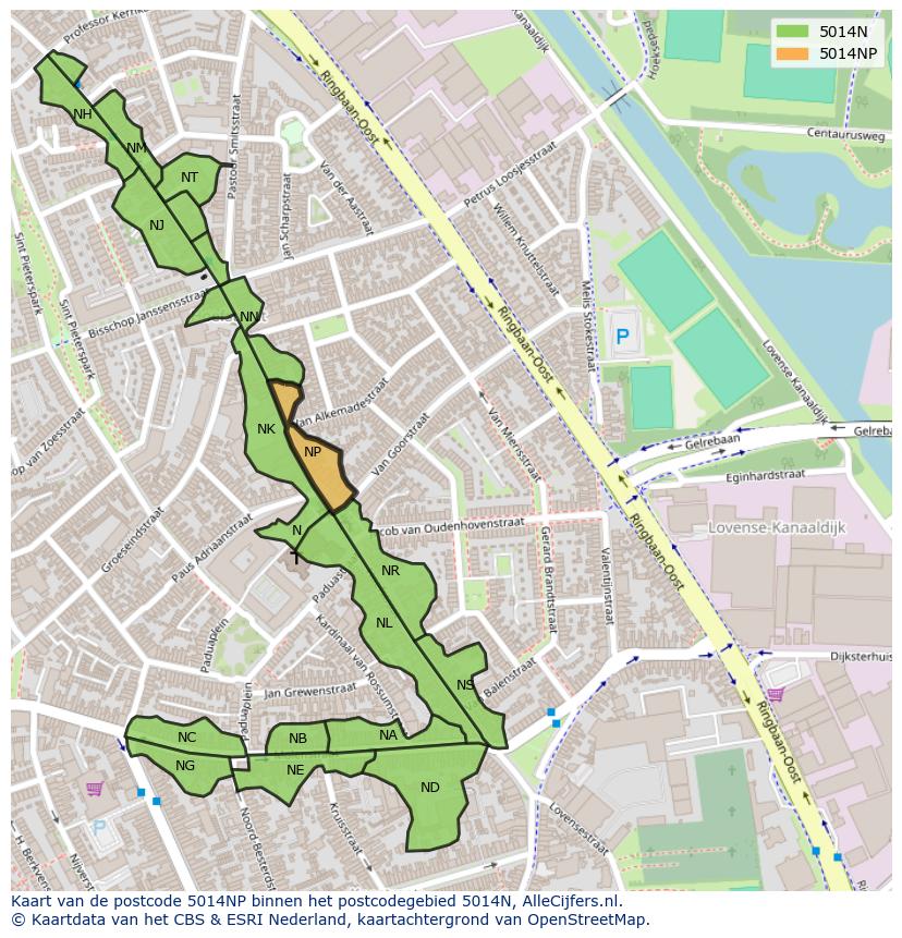 Afbeelding van het postcodegebied 5014 NP op de kaart.