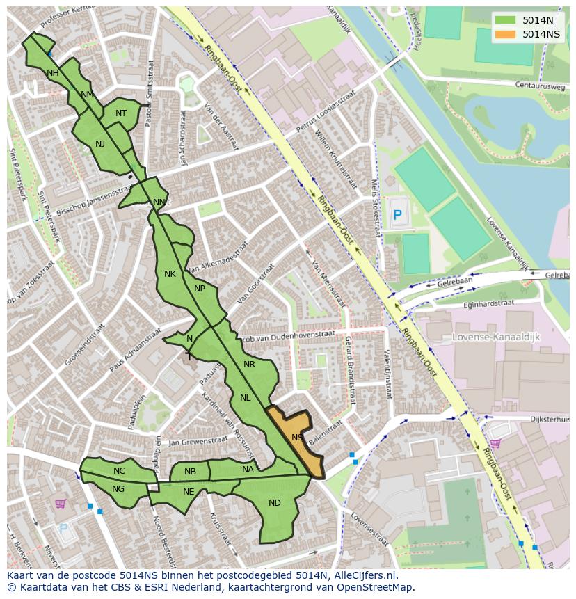 Afbeelding van het postcodegebied 5014 NS op de kaart.