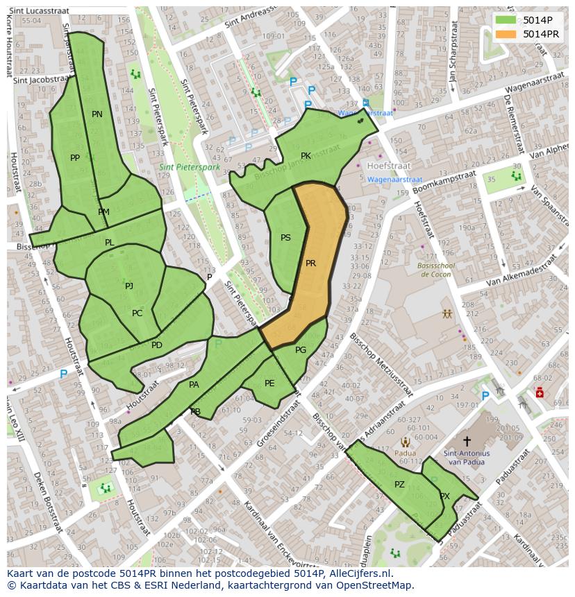 Afbeelding van het postcodegebied 5014 PR op de kaart.