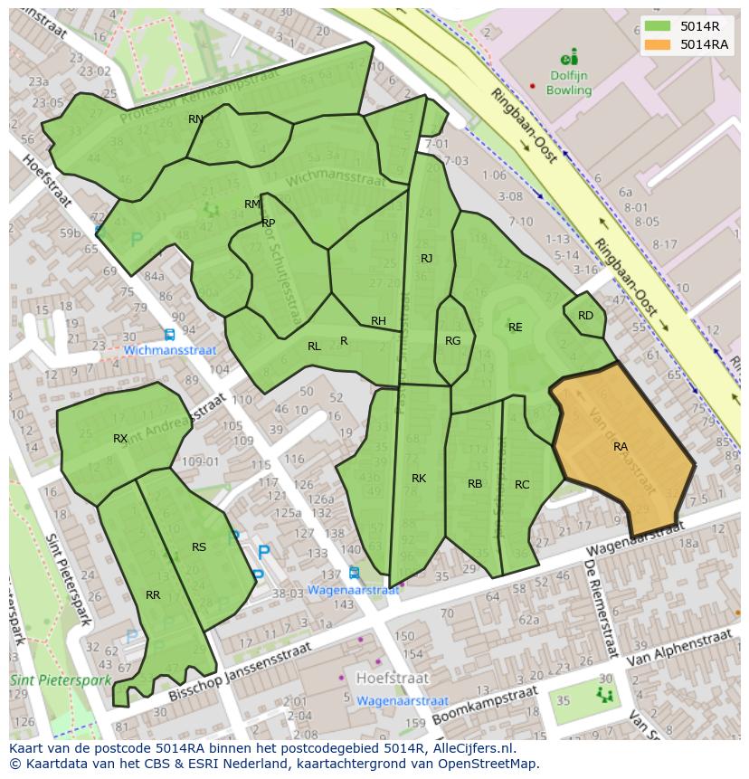 Afbeelding van het postcodegebied 5014 RA op de kaart.
