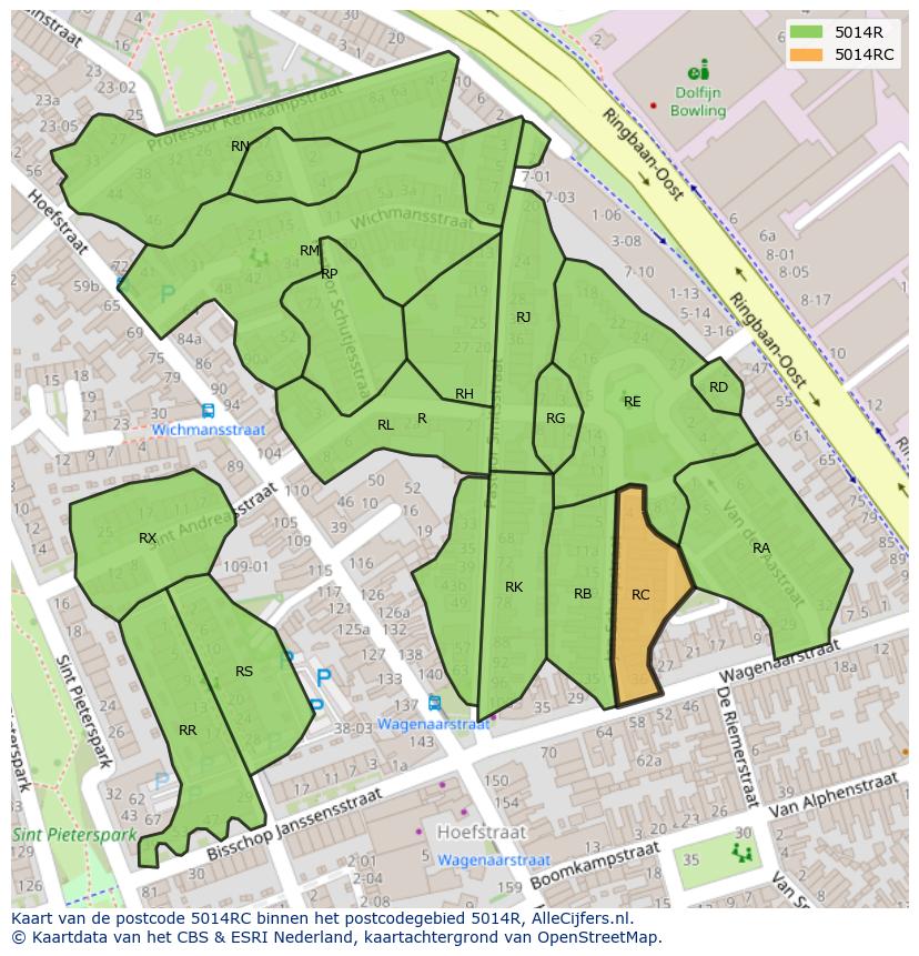 Afbeelding van het postcodegebied 5014 RC op de kaart.