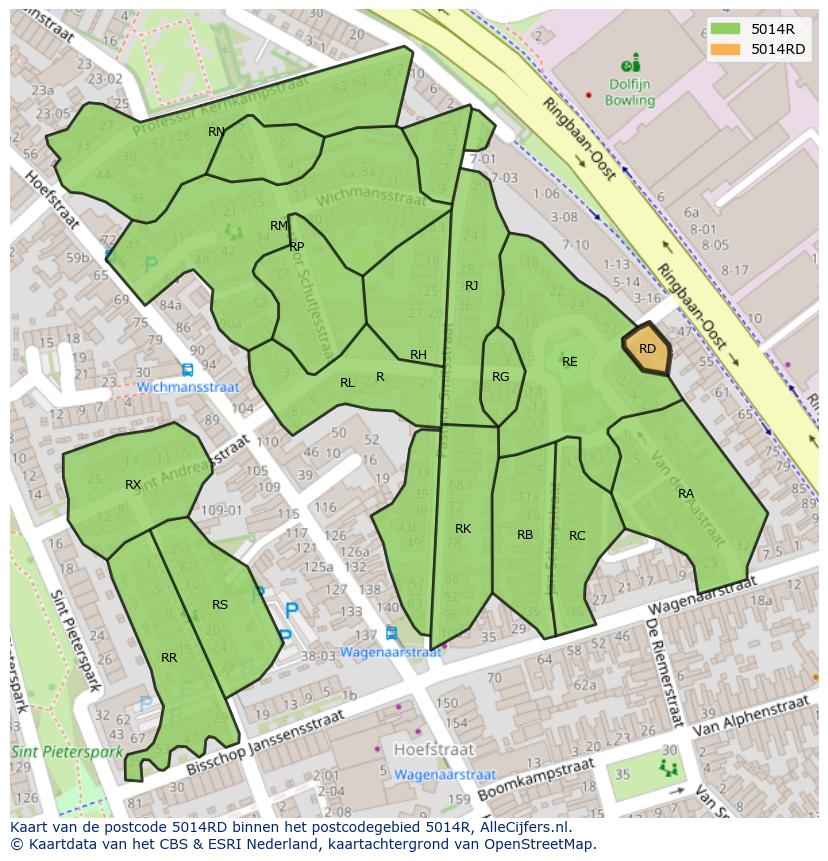 Afbeelding van het postcodegebied 5014 RD op de kaart.
