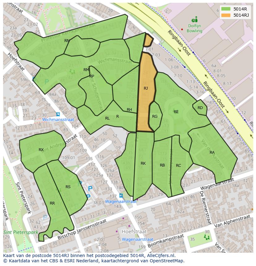 Afbeelding van het postcodegebied 5014 RJ op de kaart.