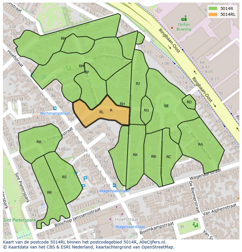 Afbeelding van het postcodegebied 5014 RL op de kaart.