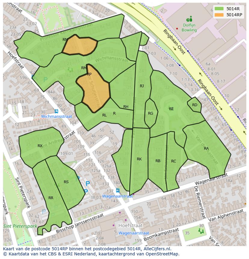 Afbeelding van het postcodegebied 5014 RP op de kaart.