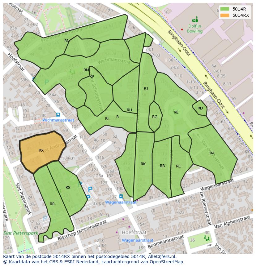 Afbeelding van het postcodegebied 5014 RX op de kaart.