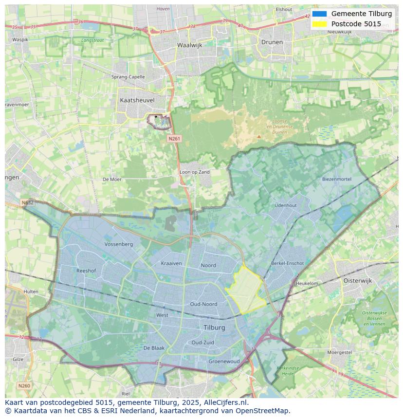 Afbeelding van het postcodegebied 5015 op de kaart.